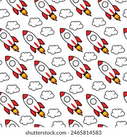 seamless pattern with a rocket, clouds with the sun. rocket cloud seamless pattern. cartoon kids rocket seamless pattern background. flying rocket and cloud seamless pattern background.