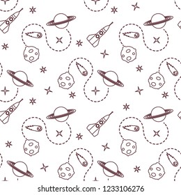 Seamless pattern with rocket, comet, planets, stars. Space exploration. Astronomy. Science.