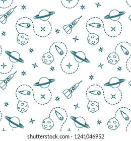 Seamless pattern with rocket, comet, planets, stars. Space exploration. Astronomy. Science.