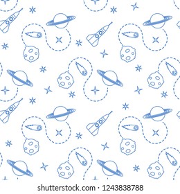 Seamless pattern with rocket, comet, planets, stars. Space exploration. Astronomy. Science.