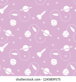 Seamless pattern with rocket, comet, planets, stars. Space exploration. Astronomy. Science.