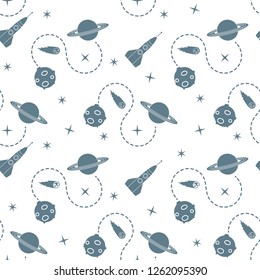 Seamless pattern with rocket, comet, planets, stars. Space exploration. Astronomy. Science.