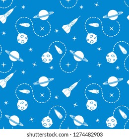 Seamless pattern with rocket, comet, planets, stars. Space exploration. Astronomy. Science.