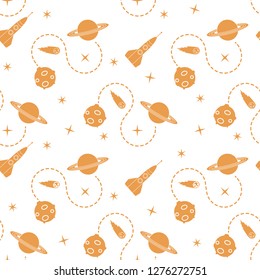 Seamless pattern with rocket, comet, planets, stars. Space exploration. Astronomy. Science.