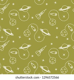 Seamless pattern with rocket, comet, planets, stars. Space exploration. Astronomy. Science.