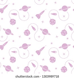 Seamless pattern with rocket, comet, planets, stars. Space exploration. Astronomy. Science.