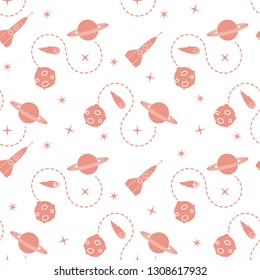 Seamless pattern with rocket, comet, planets, stars. Space exploration. Astronomy. Science.