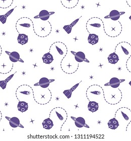 Seamless pattern with rocket, comet, planets, stars. Space exploration. Astronomy. Science.
