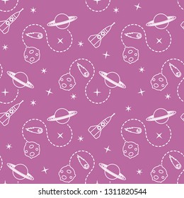 Seamless pattern with rocket, comet, planets, stars. Space exploration. Astronomy. Science.