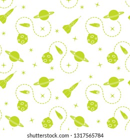 Seamless pattern with rocket, comet, planets, stars. Space exploration. Astronomy. Science.