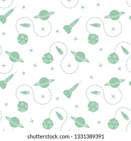 Seamless pattern with rocket, comet, planets, stars. Space exploration. Astronomy. Science.