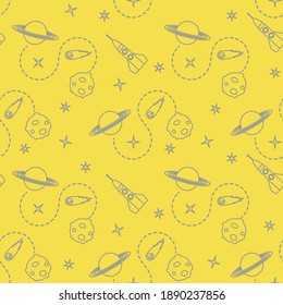 Seamless pattern with rocket, comet, planets, stars. Space exploration. Astronomy. Science. Illuminating and Ultimate Gray.