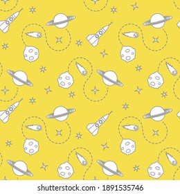 Seamless pattern with rocket, comet, planets, stars. Space exploration. Astronomy. Science. Illuminating and Ultimate Gray.