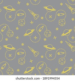 Seamless pattern with rocket, comet, planets, stars. Space exploration. Astronomy. Science. Illuminating and Ultimate Gray.