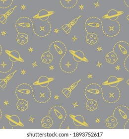 Seamless pattern with rocket, comet, planets, stars. Space exploration. Astronomy. Science. Illuminating and Ultimate Gray.