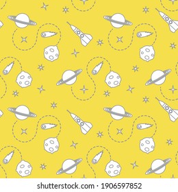 Seamless pattern with rocket, comet, planets, stars. Space exploration. Astronomy. Science. Illuminating and Ultimate Gray.