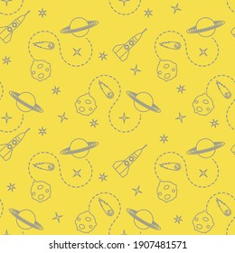 Seamless pattern with rocket, comet, planets, stars. Space exploration. Astronomy. Science. Illuminating and Ultimate Gray.