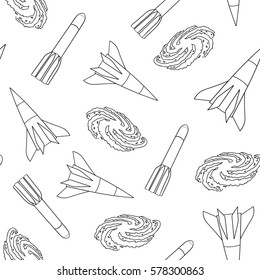 Seamless pattern rocket and the galaxy. Space outline on a white background. Hand drawing cosmos element. Vector illustration.
