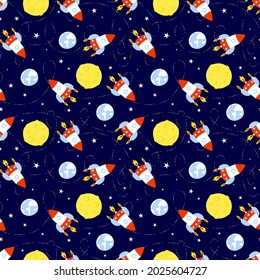 Seamless pattern with rocket, moon, earth. Vector children background. Kids print, fabric textile. Template of wallpaper, linens, wrapping paper. 