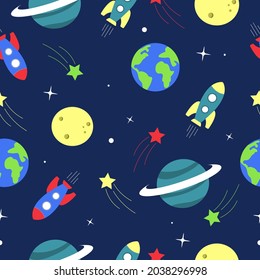 Seamless pattern with rocket, planet and stars on space. Colourful vector illustration. 