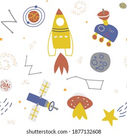 Seamless Pattern Rocket, planets, comet, stars, ufo in Cosmos. Space exploration, space trip. Childish, Cute style background.  Illustration for textile, fabric, wallpaper, web design, Vector