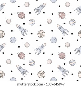 Seamless pattern with rocket and planets. Space pattern for printing on children's fabric. Background for wrapping paper.