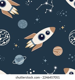 Seamless pattern with rocket, planets, zodiac sign and stars. Cartoon spaceship. Galaxy print for, wallpaper, wrapping, printing, fabric, nursery, textile and more . Hand drawn illustration.