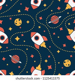 Seamless pattern with rocket, saturn, moon and star. Space background