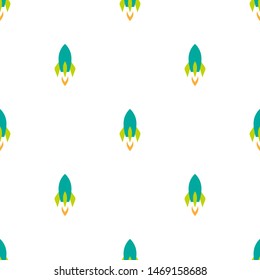 Seamless pattern with rocket ship silhouette on white background. Flat ornament. Vector illustration with flying rocket. Space travel, fantasy. Creative  print
