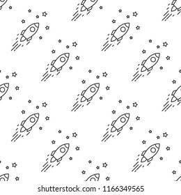 Seamless pattern with rocket ship and stars line silhouettes on white background. Flat ornament. Vector illustration with flying rocket. Space travel. Project start up sign. Creative idea print