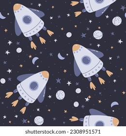 Seamless pattern with rocket in space and cute planet. Vector illustration.