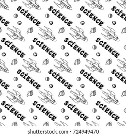 Seamless pattern with rocket in space. Hand drawn Science Sketch Education vector illustration. Doodle scientific background. Monochrome pattern.
