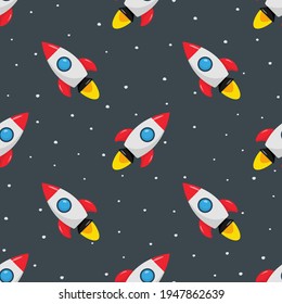Seamless pattern with rocket space ship and stars on a black background. Vector illustration