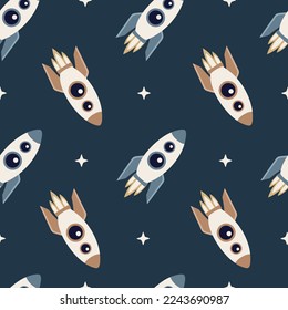 Seamless pattern with rocket and stars. Galaxy print for, wallpaper, wrapping, printing, fabric, nursery, textile and more . Vector illustration.