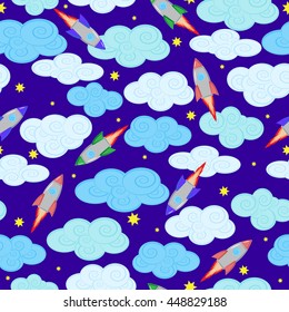 Seamless pattern with rockets, clouds and stars on blue background