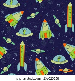 Seamless pattern with rockets, comet, planets and ufo. Childish background.