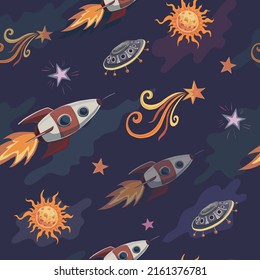 Seamless pattern with rockets and comets