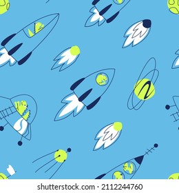 Seamless pattern of rockets with dinosaurs, done with a line and a spot on a blue background. Dino travels on a rocket through the galaxy. Fabric design for clothes boys. Flat vector illustration.