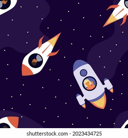 Seamless pattern with rockets flying in space.  Galaxy, science, space, education, technology.  Vector illustration and games for children, textiles, wallpaper.