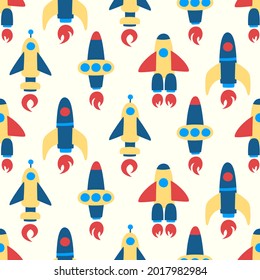 Seamless pattern of rockets on beige background. Cosmic pattern with colorful spaceships.