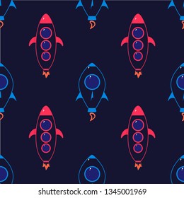 Seamless pattern with rockets on dark blue backround