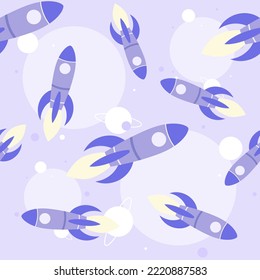 Seamless pattern with rockets on space background. Simple flat vector in purple color palette.