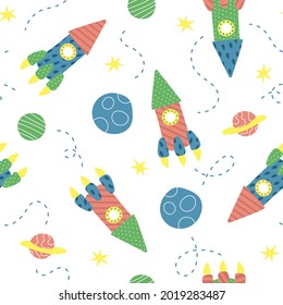 Seamless pattern with rockets from pieces of paper, planets, stars isolated on white. Vector illustration. Print for packaging, fabrics, wallpapers, textiles.