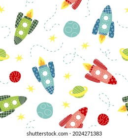 Seamless pattern with rockets from pieces of paper, planets, stars isolated on white. Vector illustration. Print for packaging, fabrics, wallpapers, textiles.