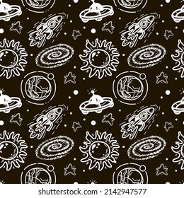 Seamless pattern of rockets, planets, comets, asteroids and stars. Vector in cartoon style. Black hole. Sun. Stars. Solar system on a black background. Can be used for greeting cards, children's.