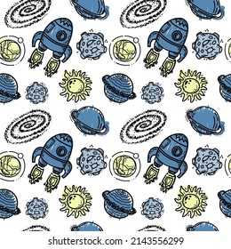 Seamless pattern of rockets, planets, comets, asteroids and stars. Vector in cartoon style. Sun. Stars. Solar system on white background. Can be used for greeting cards, children's fashion.