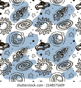 Seamless pattern of rockets, planets, comets, asteroids and stars. Vector in cartoon style. Black hole. Sun. Stars. Solar system on white with spots background. Can be used for children's textiles.