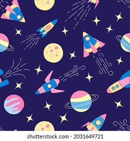 Patrón sin foco con cohetes, planetas y estrella sobre fondo azul oscuro. Ilustración del vector de color en estilo plano. 