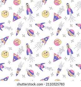 Seamless pattern with rockets, planets and star on white background. Color vector illustration in outline style.