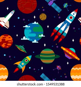 Seamless pattern with rockets, satellites, planets and UFO.Flat vector illustration.
